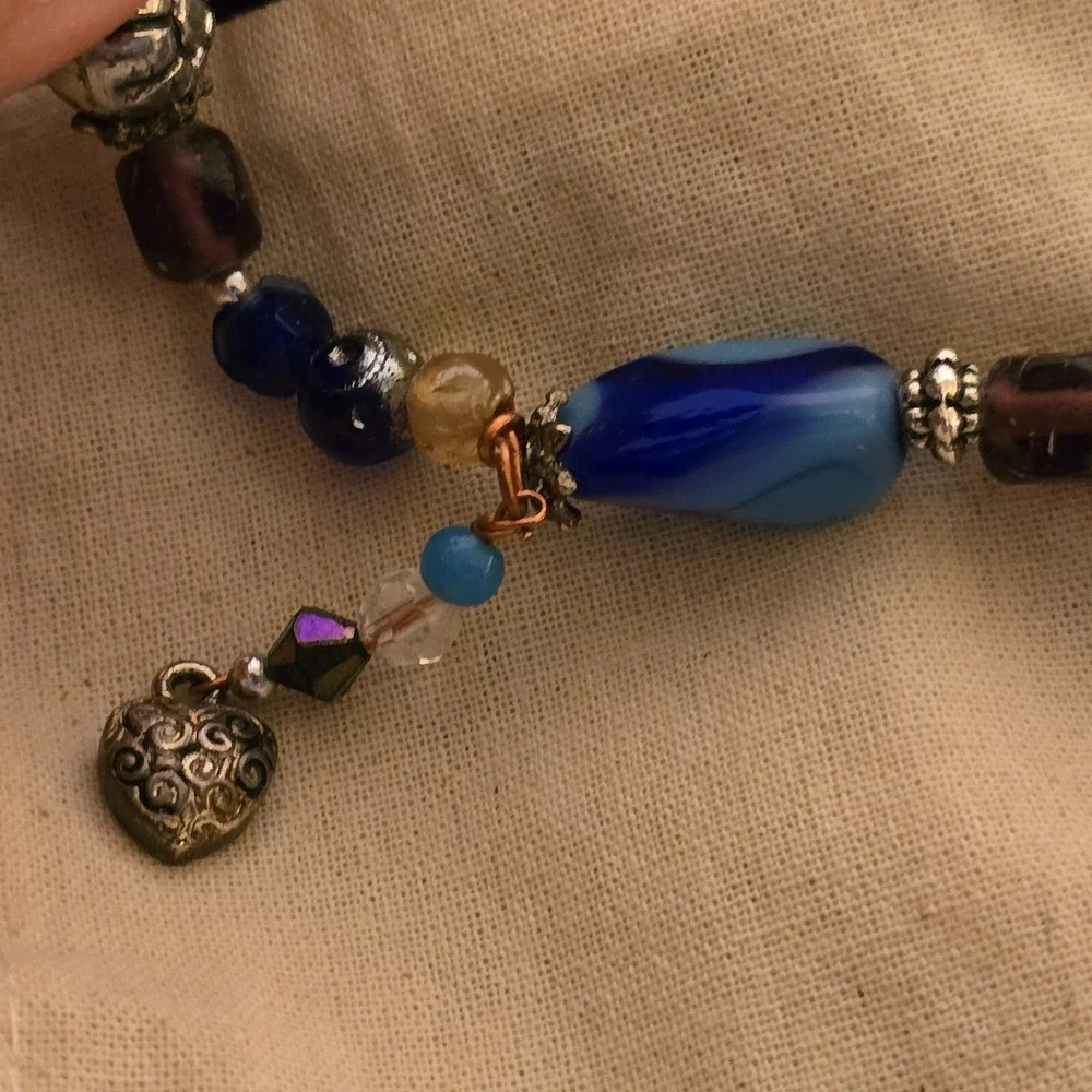 VTG Hand Wired Copper Glass Metal Beaded Stones Charm Bracelet Womens 9.5